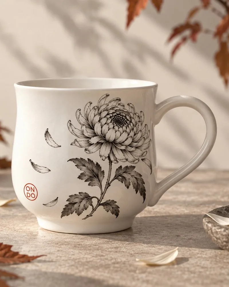 Ondo autumn cup with a chrysanthemum drawn in black ink and a red ON/DO seal
