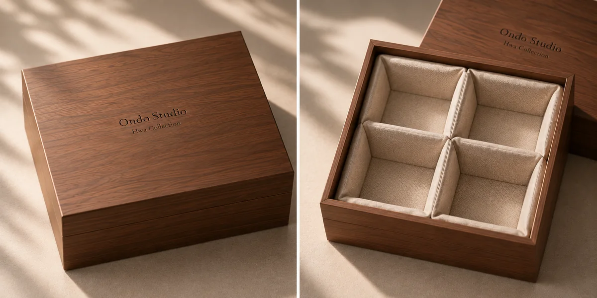 The Ondo Studio Hwa Collection gift box, closed and open, with four fitted compartments.