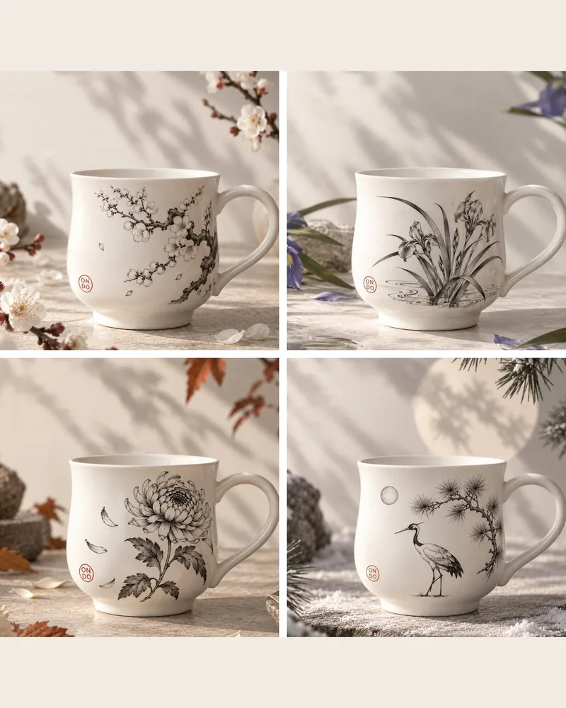 All four Ondo seasonal cups together: plum blossom, iris, chrysanthemum, pine and crane