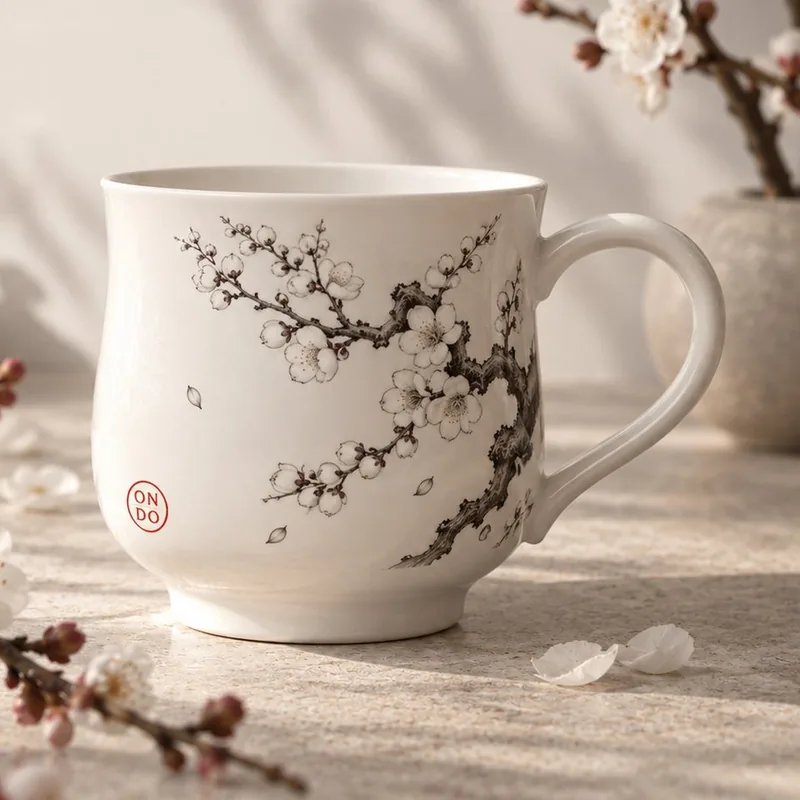 Ondo spring cup with a plum blossom branch drawn in black ink and a red ON/DO seal