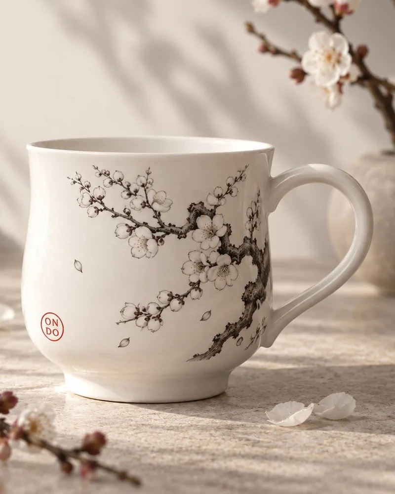 Ondo spring cup with a plum blossom branch drawn in black ink and a red ON/DO seal