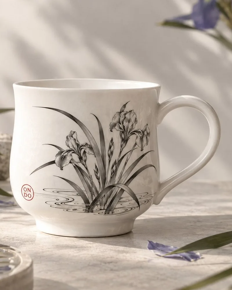 Ondo summer cup with iris leaves and a bloom drawn in black ink and a red ON/DO seal