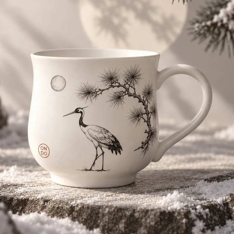 Ondo winter cup with a pine bough and a crane drawn in black ink and a red ON/DO seal