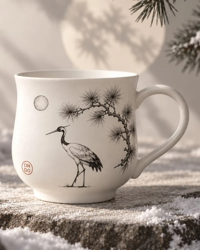 Ondo winter cup with a pine bough and a crane drawn in black ink and a red ON/DO seal